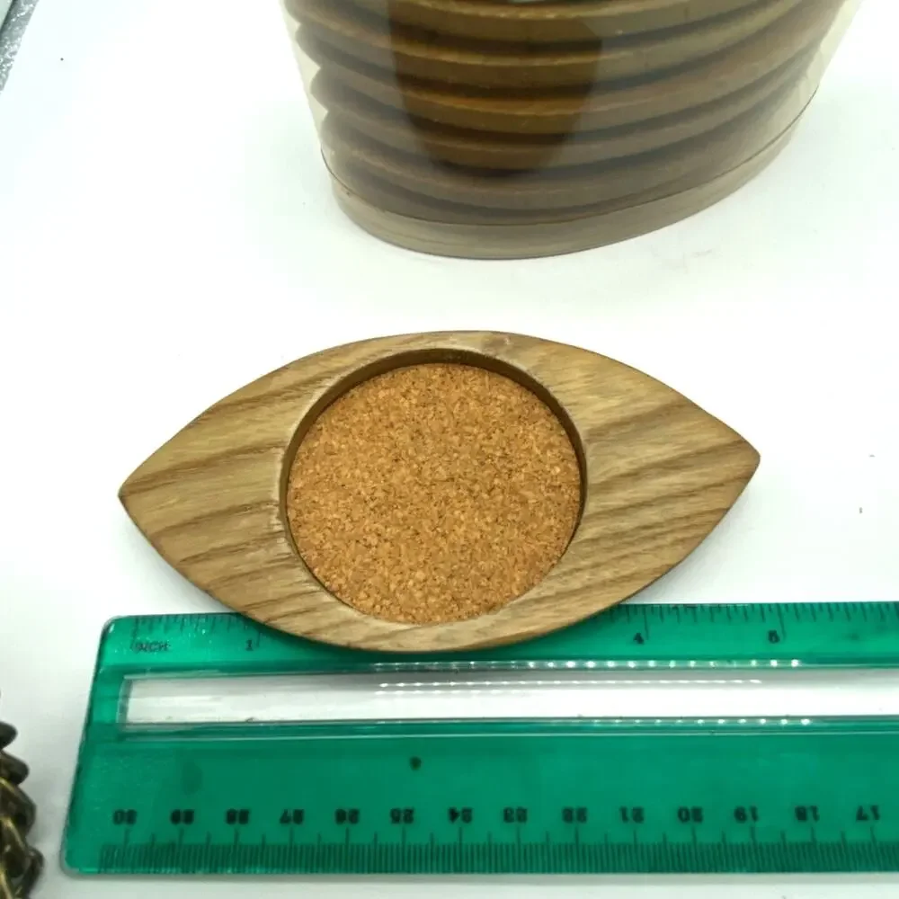 Sixties Hand carved Japan Hardwood & Cork Eye Coasters 8 Mid-Century Mod Sere‎